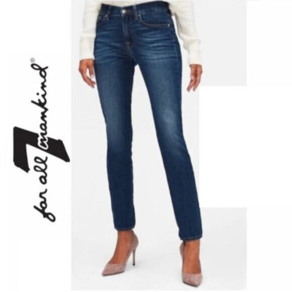 7 For All Mankind Blue Straight Leg Mid Rise Jeans 27/ 33 tall​​​ - Picture 1 of 14